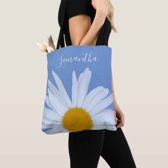 Daisy Blue Elegant White Script Tote Bag (Close Up)