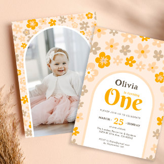 Daisy Boho Floral Photo 1st Birthday Party Invitation