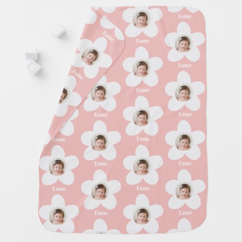 Daisy boho modern minimal retro floral pink photo  baby blanket