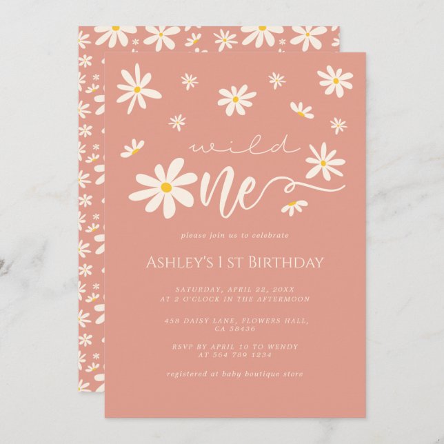 Daisy Boho Wild One 1st Birthday Peach Invitation (Front/Back)