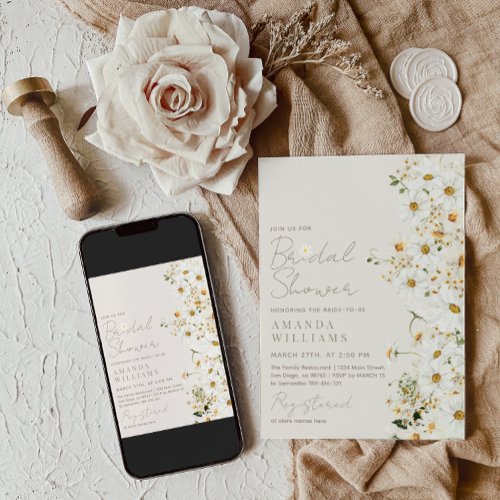 Daisy Boho Wildflower Beige Bridal Shower Invitation