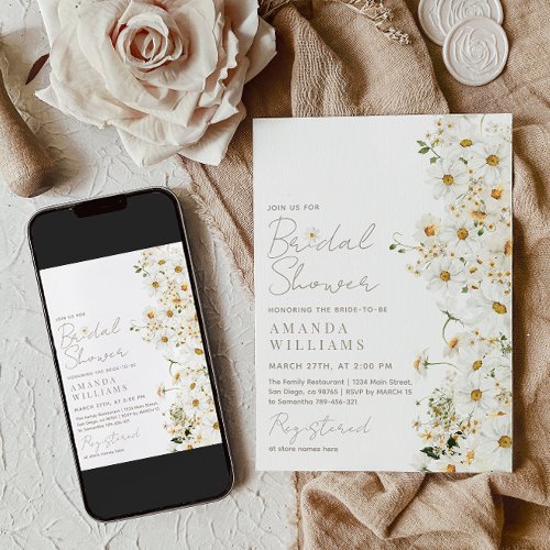 Daisy Boho Wildflower Beige Bridal Shower Invitation