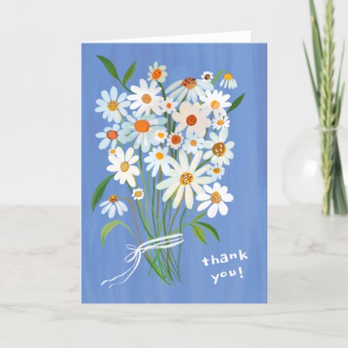 Daisy Bouquet Handpainted Gouache Flowers Blue Thank You Card