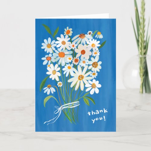 Daisy Bouquet Handpainted Gouache Flowers Blue Thank You Card