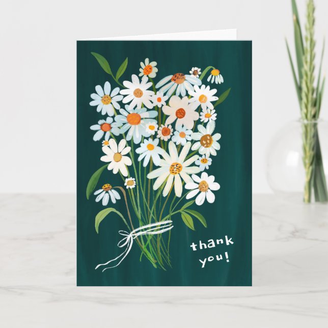 Daisy Bouquet Handpainted Gouache Flowers Green Thank You Card (Front)