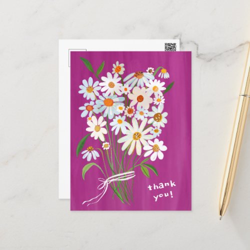 Daisy Bouquet Handpainted Gouache Thank You Postcard