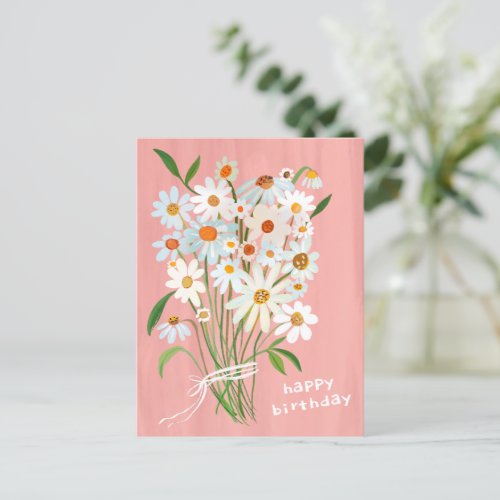 Daisy Bouquet Happy Birthday BlushPink Handpainted Postcard