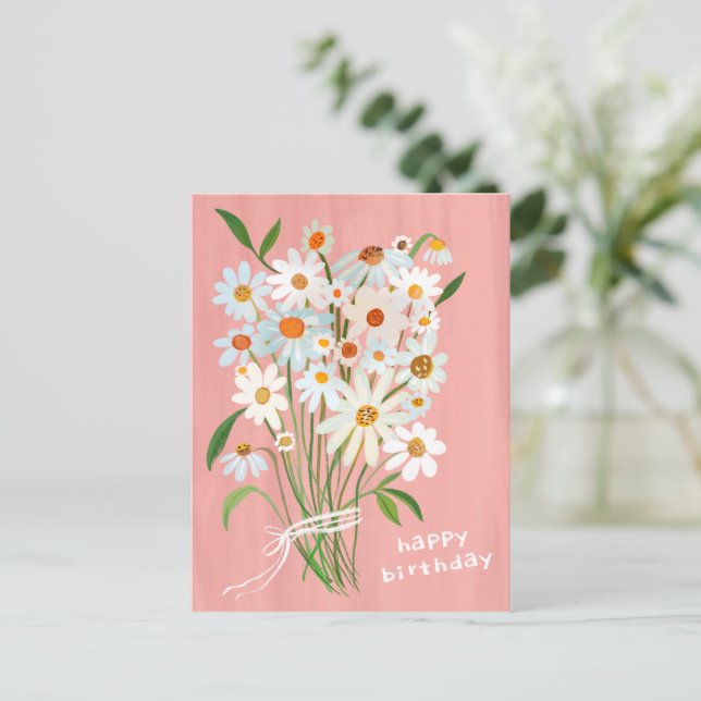 Daisy Bouquet Happy Birthday BlushPink Handpainted Postcard (Standing Front)