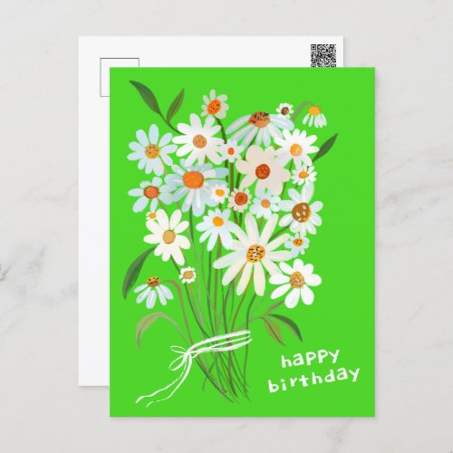 Daisy Bouquet Happy Birthday Handpainted Gouache  Postcard