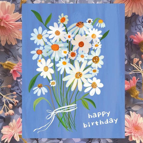 Daisy Bouquet Happy Birthday Handpainted Gouache  Postcard