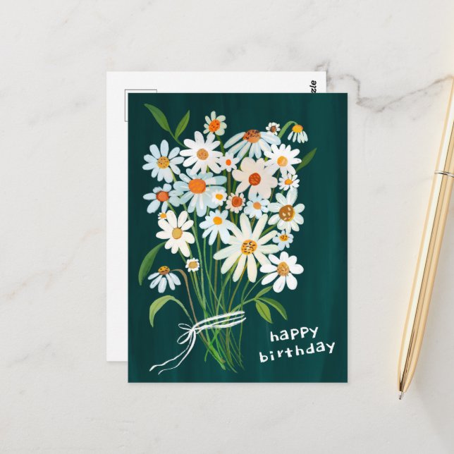 Daisy Bouquet Happy Birthday Handpainted Gouache  Postcard (Front/Back In Situ)