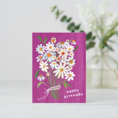 Daisy Bouquet Happy Birthday Handpainted Magenta Postcard