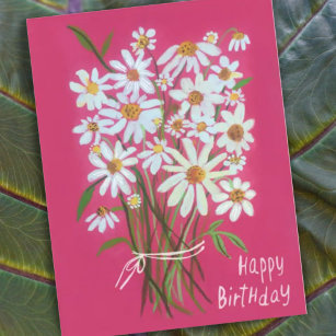 Daisy Bouquet Happy Birthday Pink Handpainted Postcard