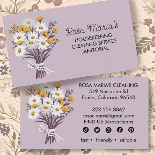 Daisy Bouquet House Cleaning Service Social Icons Business Card