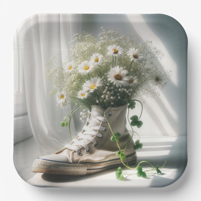 Daisy Bouquet In a White Sneaker Paper Plates (Front)