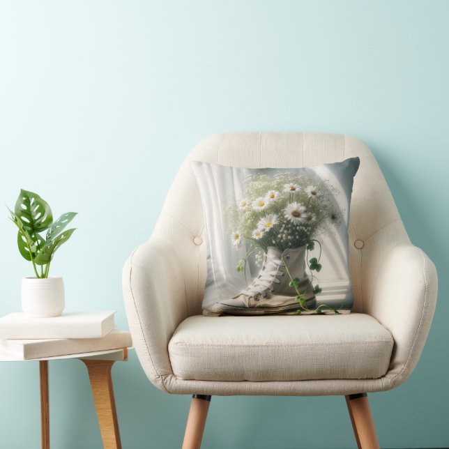 Daisy Bouquet In a White Sneaker Throw Pillow (Chair)