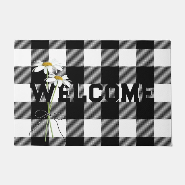 Daisy Bouquet Welcome On Buffalo Plaid Doormat (Front)