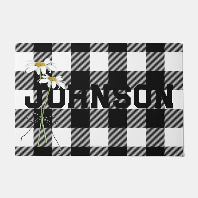 Daisy Bouquet with Name On Buffalo Plaid Doormat (Front)