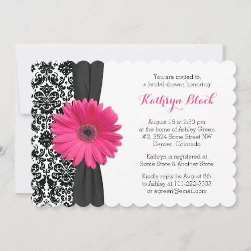 Damask Pink Gerber Daisy Scalloped Bridal Shower Personalized Announcement