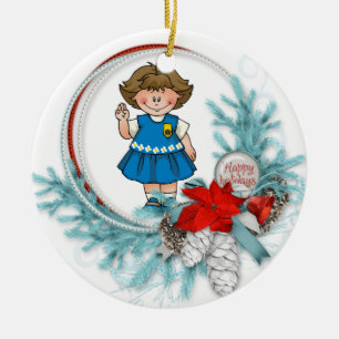 Daisy Brunette Scout Blue Pine Wreath Ceramic Ornament