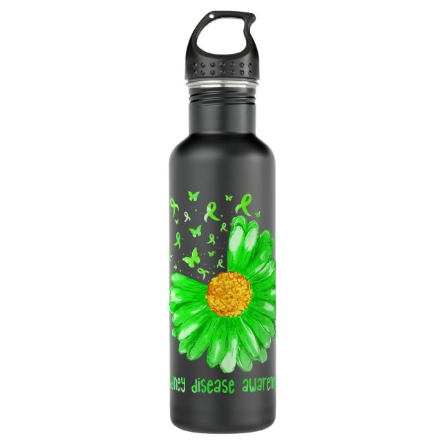 Daisy Butterfly Green Ribbon Kidney Disease Awaren Stainless Steel Water Bottle (Front)