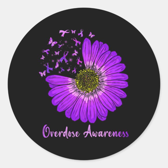 Daisy Butterfly Purple Ribbon Overdose Awareness 2 Classic Round Sticker (Front)