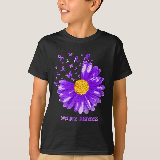 Daisy Butterfly Purple Ribbon Overdose Awareness  T-Shirt (Front)