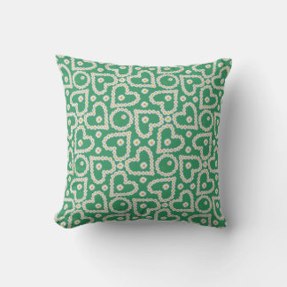 Daisy Chain Hearts and Circles on Green Throw Pillow