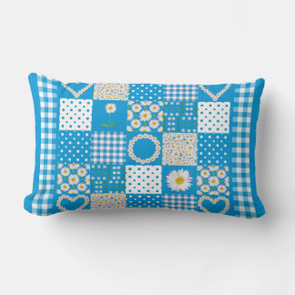 Daisy Chain Hearts Faux Patchwork on Sky Blue Lumbar Pillow