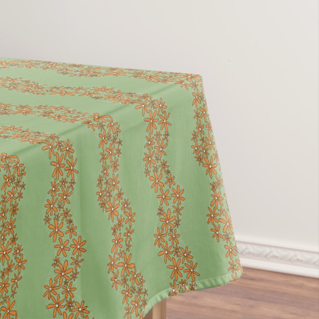 Daisy Chain Wiggly Flower Stripes orange on green Tablecloth (In Situ)