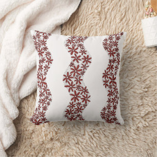 Daisy Chain Wiggly Flower Stripes red Throw Pillow