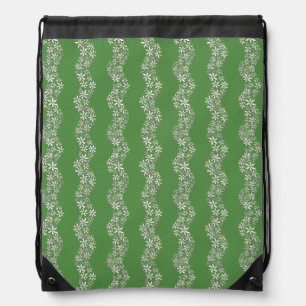 Daisy Chain Wiggly Flower Stripes white green Drawstring Bag