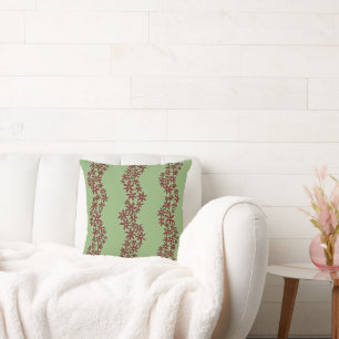 Daisy Chain Wiggly Flower Stripes white on green Throw Pillow