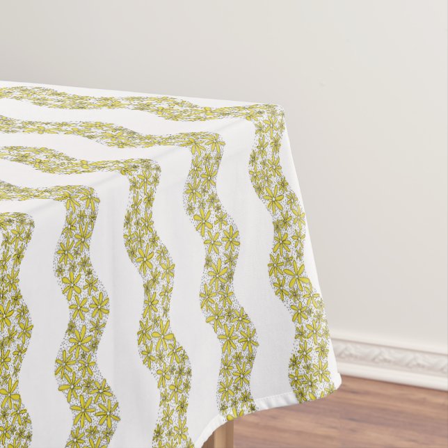 Daisy Chain Wiggly Flower Stripes yellow Tablecloth (In Situ)