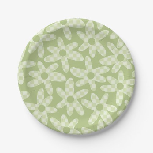 Daisy Check Sage Green Retro Modern Pattern Paper Plates