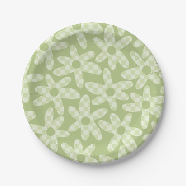 Daisy Check Sage Green Retro Modern Pattern Paper Plates (Front)