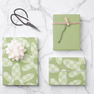 Daisy Check Sage Green Retro Modern Pattern Wrapping Paper Sheets