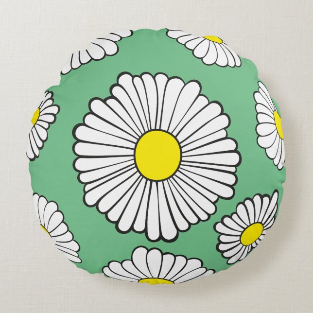Daisy Circle on Green Round Pillow (Front)