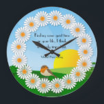 Daisy Circle   ~  Quotation Clock<br><div class="desc">A nice art deco design with sunrise,  white daisies and a robin,  plus a suitable quotation...  Finding some quiet time in your life,  I think,  is hugely important.  Mariel Hemingway  Change the text and customize the clock as you wish,  all the design objects have been added separately.</div>