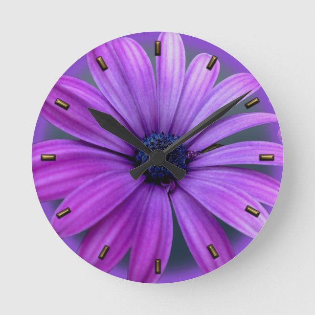 Daisy Clock Purple Daisies Blue Flower Wall Clock (Front)