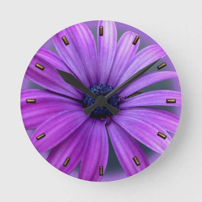 Daisy Clock Purple Daisies Blue Flower Wall Clock (Front)