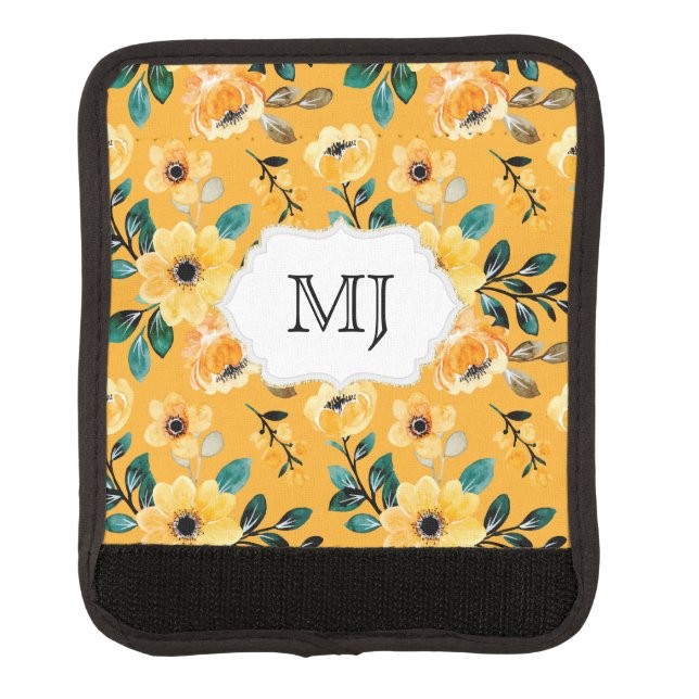 Daisy collage leaf pattern yellow green monogram luggage handle wrap (Front)