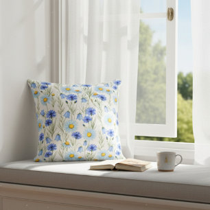 Daisy Cornflower Bluebell Floral Botanical Accent Throw Pillow
