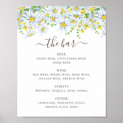 Daisy Country floral script wedding drinks bar Poster