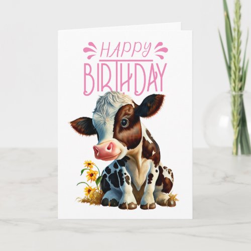Daisy Cow Birthday Girl Pink Card