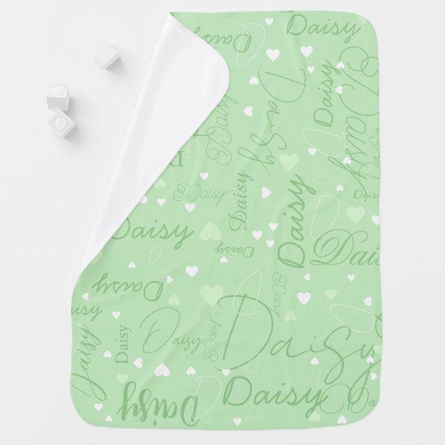 Daisy custom name with hearts light-green baby blanket (In Situ)