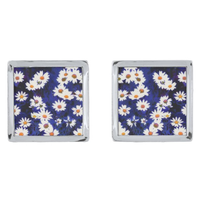 Daisy Daisies Flower Art Silver Cufflinks (Front)