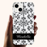 Daisy Damask Black and White iPhone Case<br><div class="desc">An editable iPhone case with elegant script letters in white on a black ribbon and a floral damask pattern in back on white.</div>