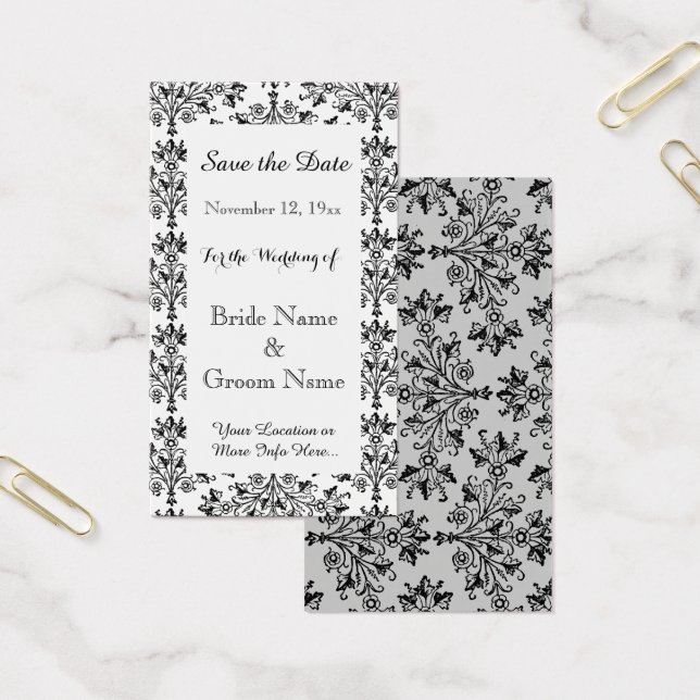 Daisy Damask Black White Custom Save the Date Card (Office)