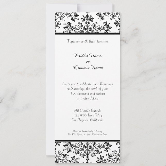 Daisy Damask Black White Custom Wedding Invitation (Back)